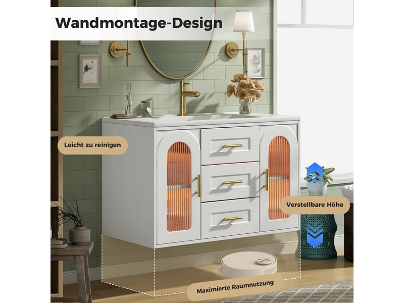  Meuble sous-vasque suspendu 76 cm avec vasque 2 tiroirs 2 portes blanc 76x46x55 cm N888P45336162W - Conforama D