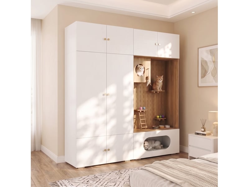  Armoire multifonction avec penderie, 6 espaces de rangement et espace pour félins, 180 × 50 × 200 cm  - Conforama B