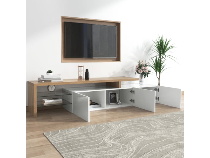 Meuble tv design moderne : élégance raffinée, rangement pratique, blanc brillant, aspect bois, étagères en verre, éclairage led  - Conforama C