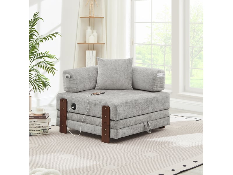  Canapé-lit modenvie convertible pliant 1 place en tissu gris clair avec ports usb et type-c, rangement, 84 x 170,5 x 48 cm  - Conforama E