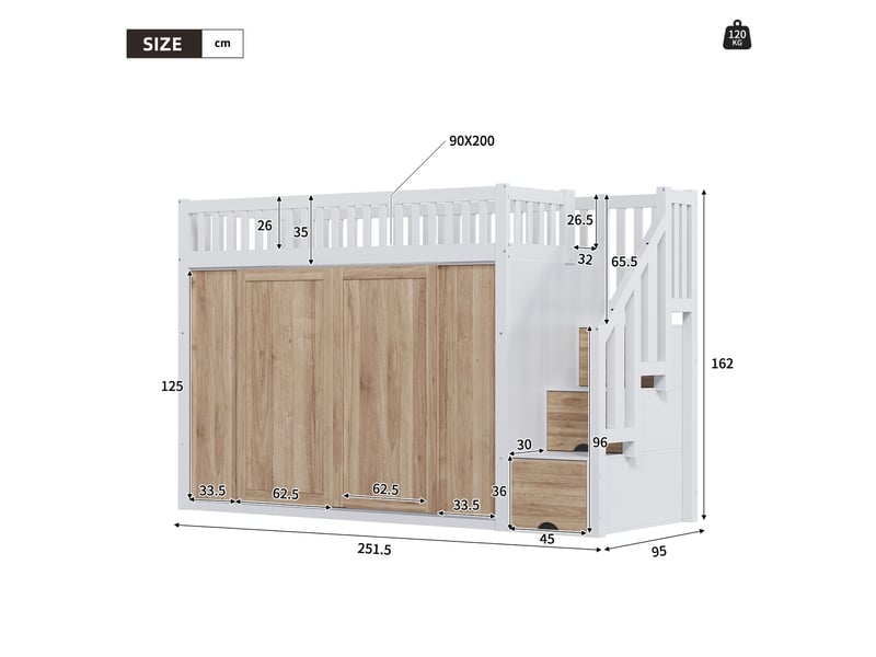  Lit mezzanine 90x200 cm avec armoire et escalier intégré, blanc, lit enfant multifonctionnel avec bande lumineuse colorée  - Conforama D