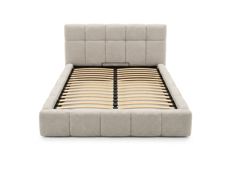 Lit coffre 160 x 200 cm en tissu capitonné bouclette beige – miracle - Conforama C