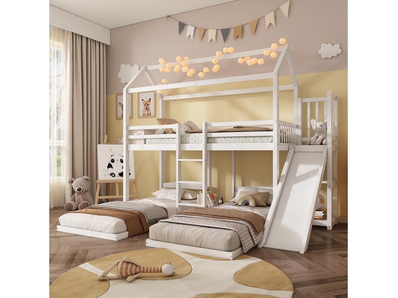  Lit superposé enfant blanc avec toboggan et 3 couchages 90 x 200 cm  - Conforama B