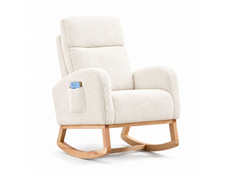  Fauteuil à bascule pour chambre de bébé, tissu teddy, mousse haute densité, cadre bois stable, poche latérale,75*63*104cm,blanc  - Conforama A
