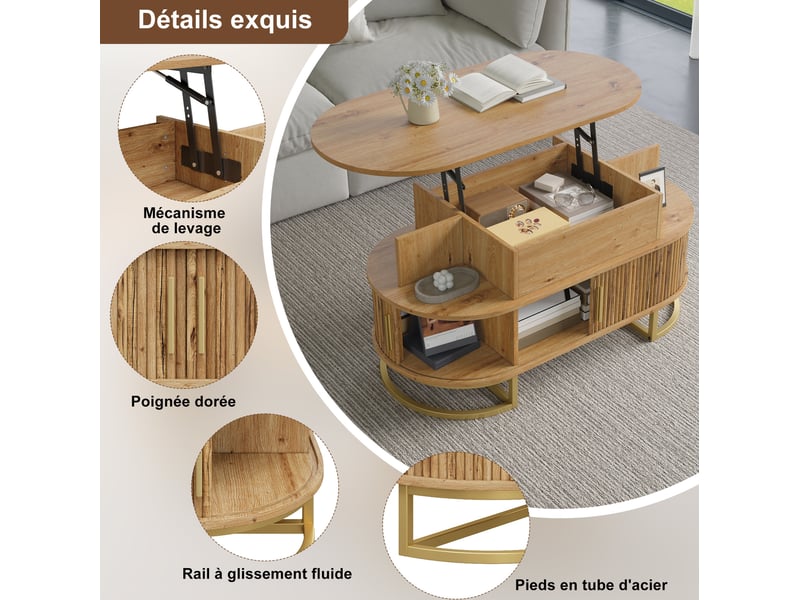Table basse relevable ovale 100x50 cm – naturel – rangement avec portes coulissantes et étagère - Conforama E