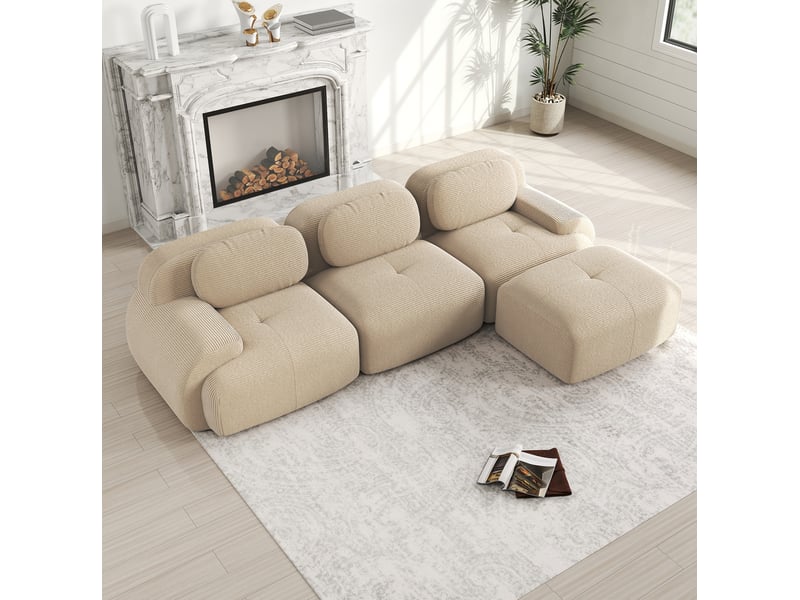  Canapé d'angle modulaire modenvie 3 places sans montage 298 x 178 cm velours côtelé beige  - Conforama D