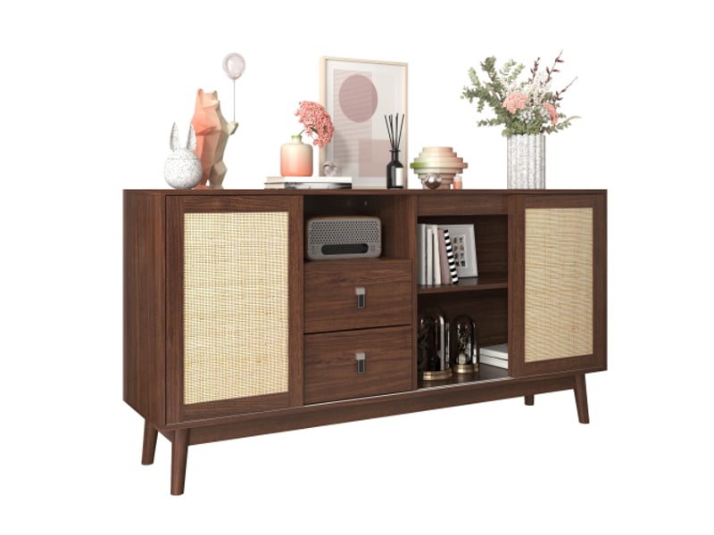  Buffet de cuisine, 155 x 38 x 80 cm, 3 portes coulissantes en rotin 2 tiroirs, vaisselier, meuble de rangement  - Conforama A