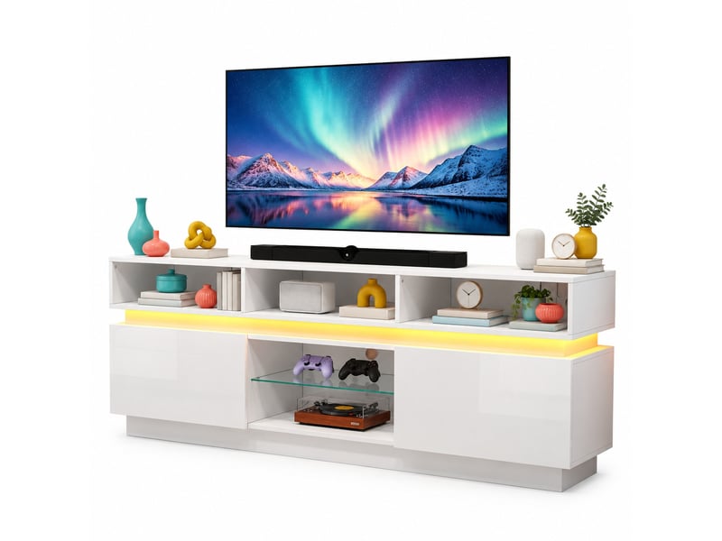  Meuble tv bas modenvie led 160 x 35 x 60 cm 10 espaces de rangement mdf et verre trempé blanc  - Conforama A