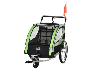 Remorque vélo enfant 2 en 1 pour 2 enfants, fonction poussette, frein, protection pluie, verte
