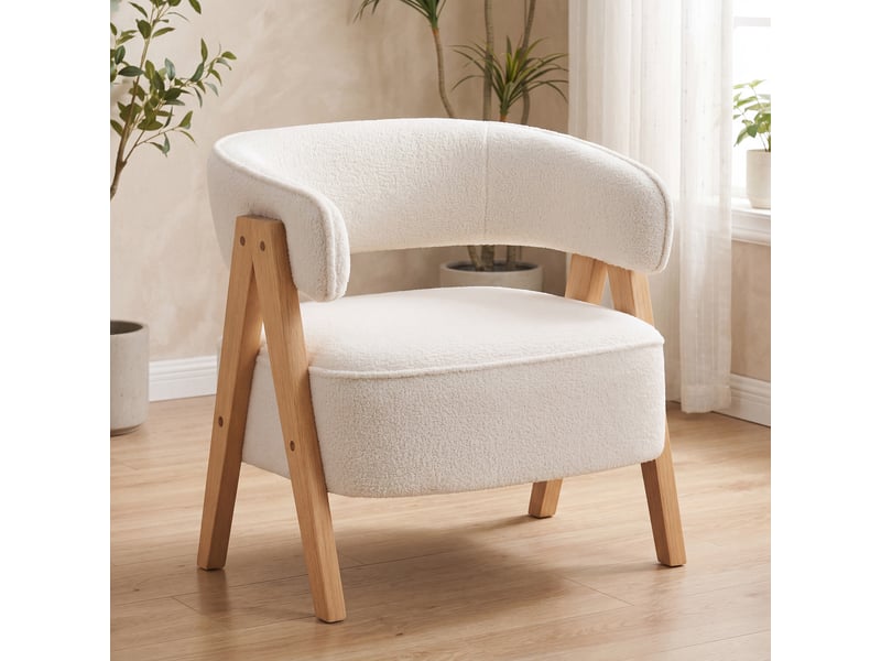  Fauteuil de salon, chaise rembourrée, tissu bouclette, 70x64x71cm, blanc  - Conforama D