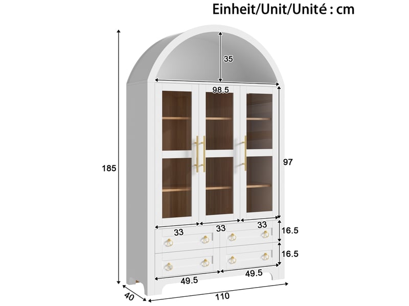  Buffet haut rangement 110x40x185 cm, 3 portes vitrées 4 tiroirs, niche arquée, poignées aluminium, mdf, blanc  - Conforama C