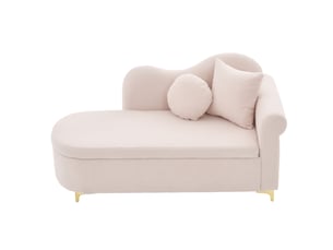 Méridienne avec coffre de rangement, dossier ondulé et 2 coussins, tissu effet mouton rose clair, 134×64×70 cm