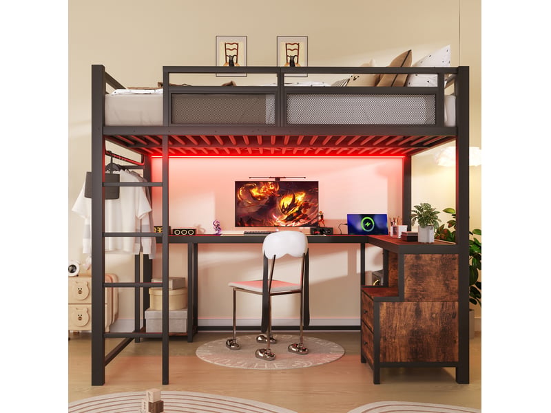  Lit mezzanine 140x200 cm en métal noir avec bureau, led et station usb intégrée  - Conforama B
