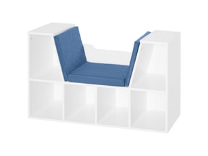 Étagère avec siège intégré, bibliothèque à 6 compartiments, coussin pour salon ou chambre, 102 x 30 x 61 cm, blanc et bleu