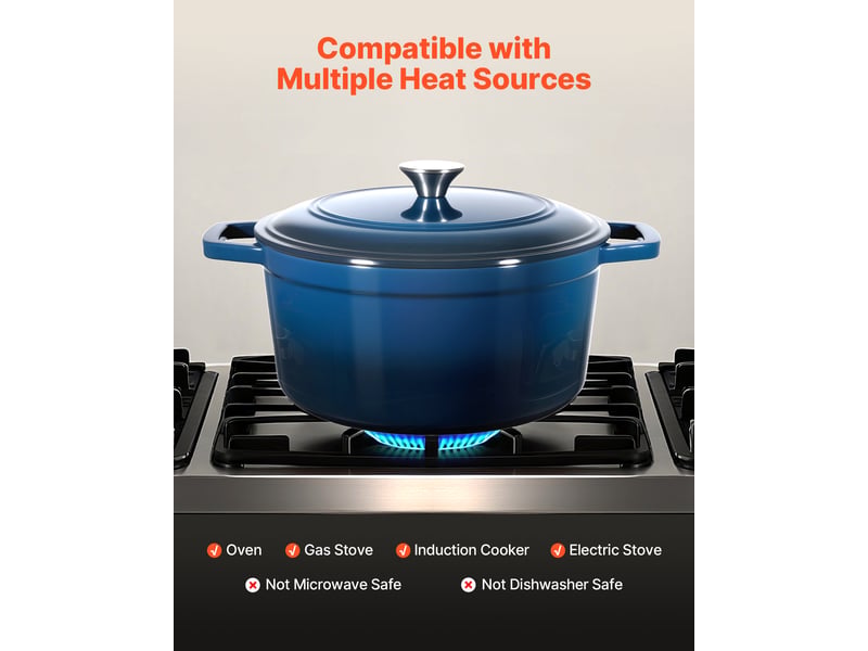 Vevor cocotte en fonte 5,68 l, marmite emaillee avec couvercle et deux poignees, robuste et durable, pour les fours a induction jusqua 260 °c, pour braiser, mijoter, rotir et cuire le pain, bleu - Conforama D