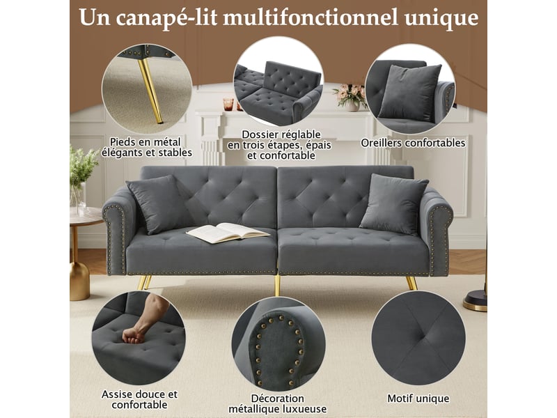 Canapé convertible 2 places velours avec dossier inclinable 3 positions, canapé velours pieds métal doré pour petit espace  - Conforama D