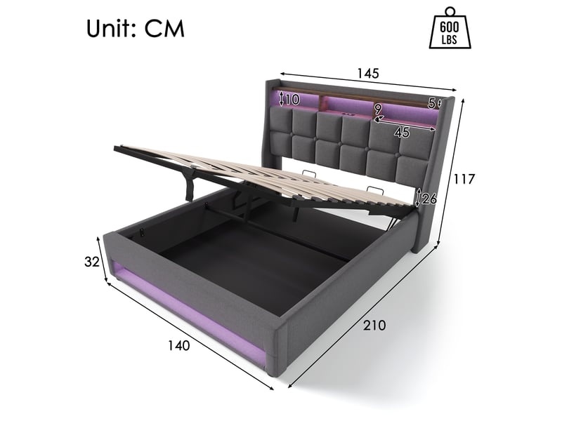  Lit coffre 140x200cm avec éclairage led, port usb, élégant et tendance, style moderne, incluant un matelas, lin, gris  - Conforama C