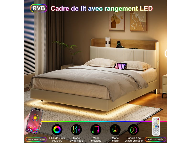 Kefsr lit adulte 2 places 140x190 cm, lit flottant suspendu avec led et sommier, tête de lit multifonction rangementusb, simili cuir blanc - Conforama D