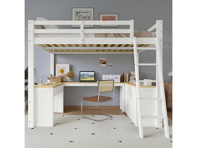  Lit mezzanine 2 places 140 x 200 cm avec bureau en u, 2 tiroirs, étagère, échelle inclinée 5 marches, pin et mdf, blanc et effet bois naturel  - Conforama D
