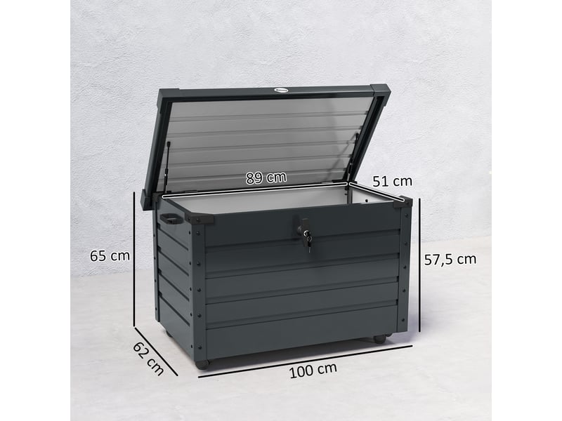  Coffre de rangement extérieur 295l, avec vérin à gaz, roulettes et poignée, en acier galvanisé, gris, 100 x 62 x 65 cm  - Conforama C