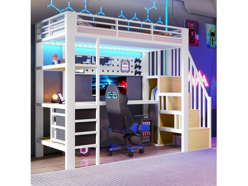  Modenvie lit mezzanine 90x200 cm - avec bureau, rangement intégré, led et prise, sans matelas - blanc  - Conforama B