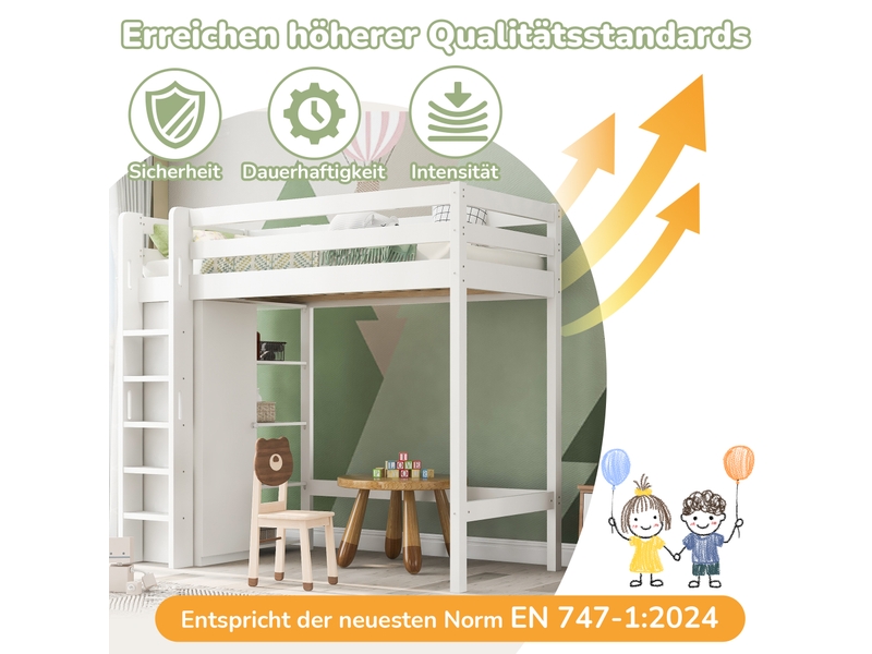  Lit mezzanine enfant 90x200 avec armoire et 6 étagères, blanc, bois massif, certifié en 747  - Conforama E