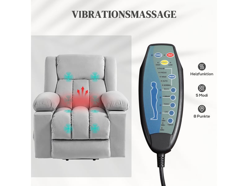  Fauteuil releveur électrique, massage chauffant, fauteuil en velours gris clair inclinable à 135° pour salon  - Conforama B