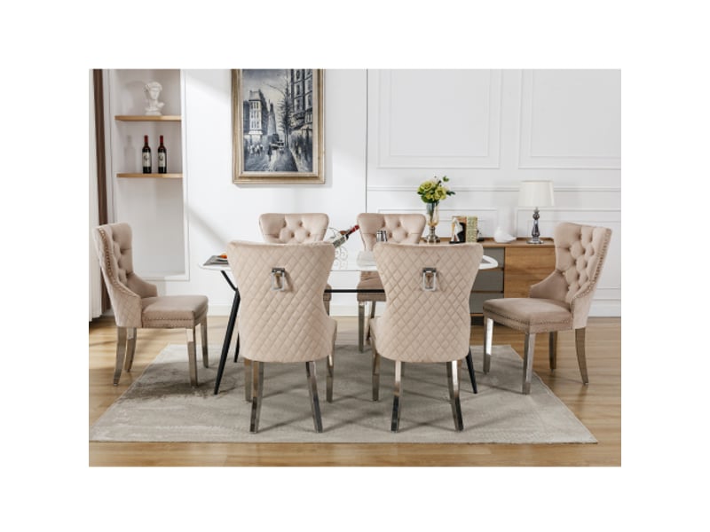  Lot 6 chaises velours beige – dossier matelassé, clous décoratifs, pieds métal – moderne  - Conforama R