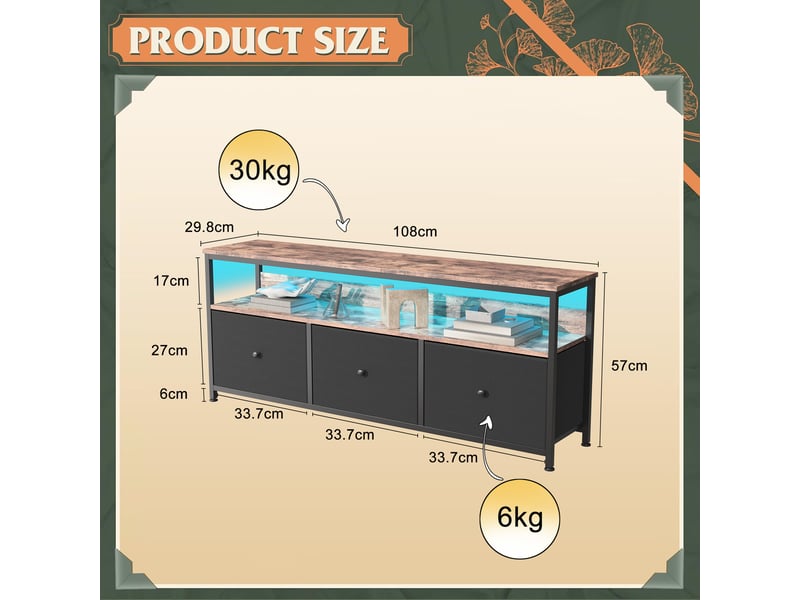  Meuble tv led 108cm meuble télé avec 3 tiroir en tissu et étagères ouvertes, cadre en acier, banc tv salon, chambre, noir  - Conforama C
