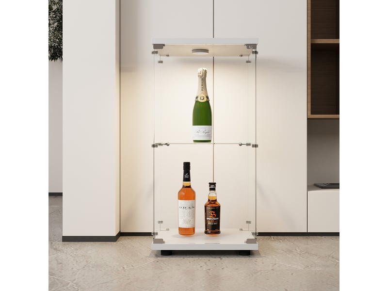  Vitrine en verre 2 niveaux simple porte avec éclairage led - 40,35 x 36,5 x 86,2 cm - blanc - armoire d'exposition - éclairage led  - Conforama C