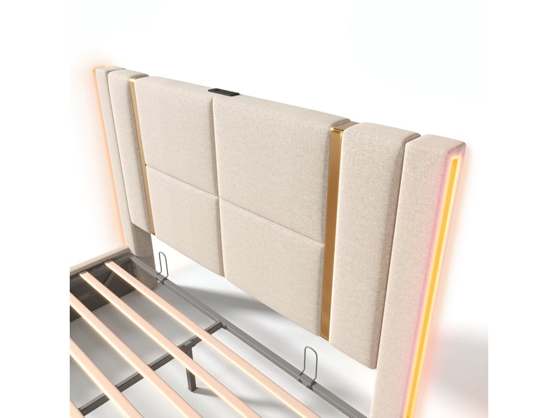  Lit led 160x200 avec matelas, lit coffre beige en lin avec sommier à lattes, led rgb et chargeur usb type-c  - Conforama E