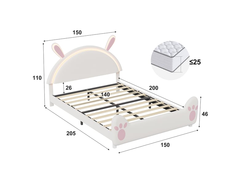  Lit simple 140x200 cm, lit enfant capitonné en velours avec tête de lit en forme de lapin et led, sommier, blanc  - Conforama E