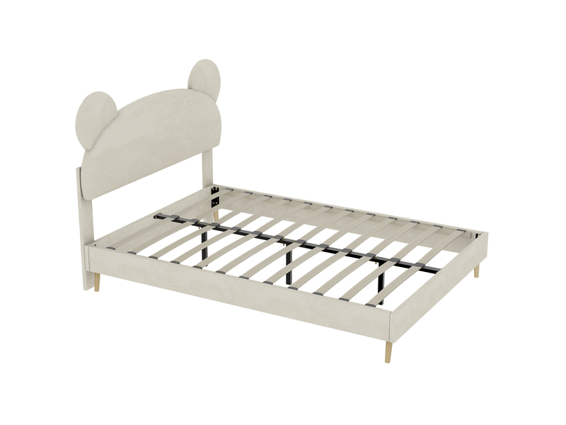  Lit enfant 140x200 cm beige en tissu et métal avec tête de lit à oreilles d’ours  - Conforama W