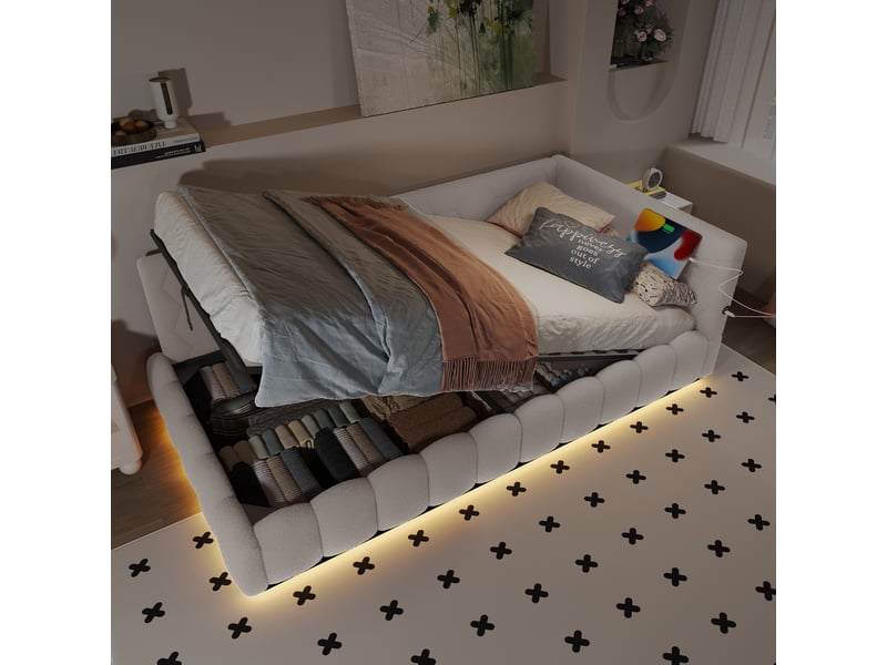 Lit coffre enfant 90x200cm, canapé-lit avec rangement, sommier, led, usb type c, velours, blanc, sans matelas - Conforama C