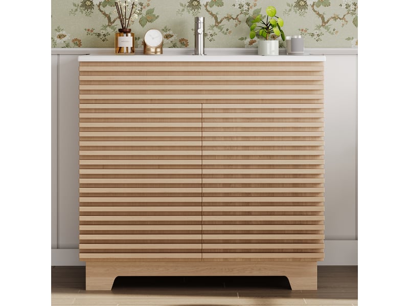  Meuble vasque naturel avec lavabo intégré, portes amorties et rangements 91 cm  - Conforama B