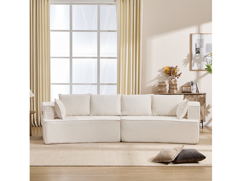  Canapé modulaire 4 places avec assise profonde ressorts et coussins forme incurvée en velours blanc 302 × 115 × 65 cm  - Conforama D