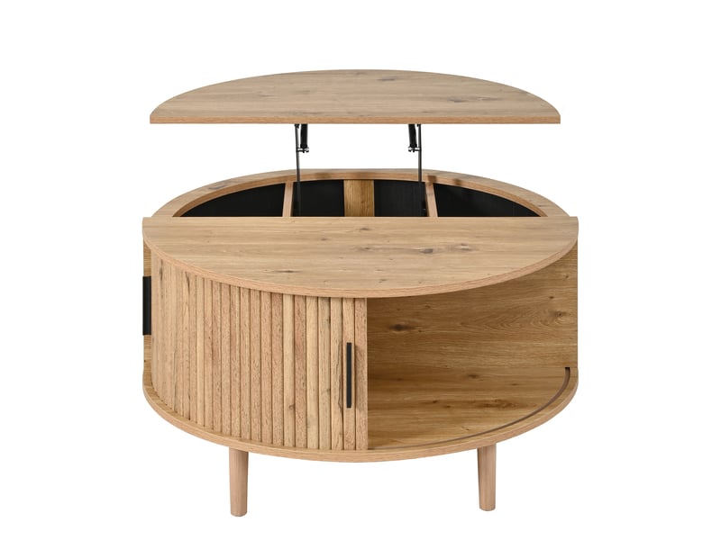  Table basse ronde 80x80x59 cm, plateau relevable, rangement, porte coulissante, façade rainurée en mdf pour salon - chêne  - Conforama A