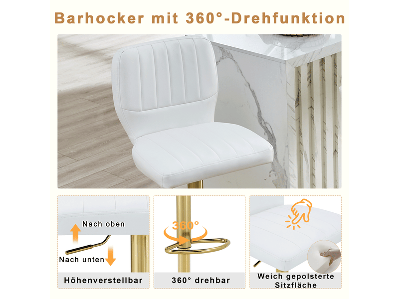 Lot de 2 tabourets de bar blancs et dorés, avec dossier, assise réglable 62–83 cm - Conforama E