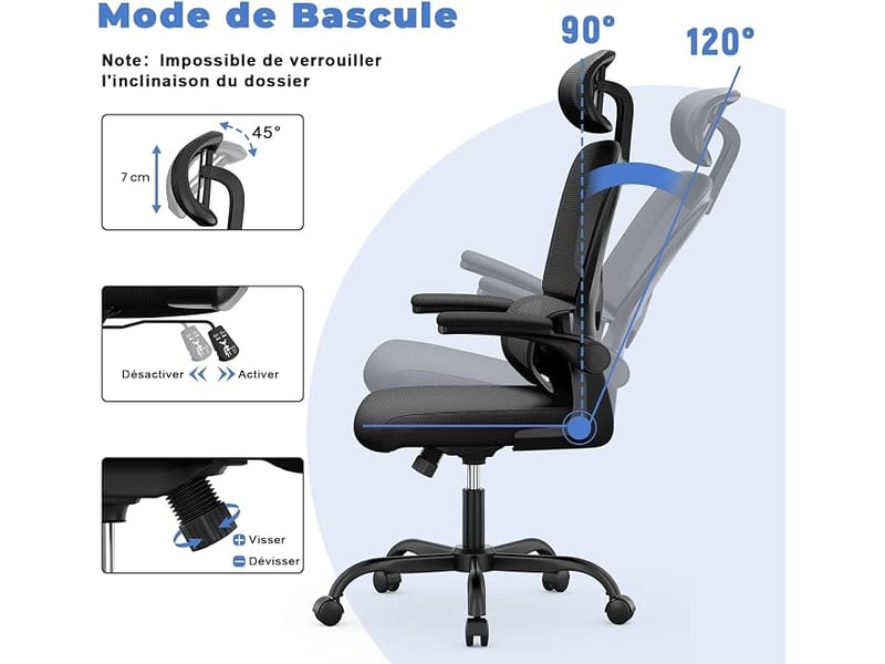  Chaise de bureau ergonomique: fauteuil bureau avec support lombaire en c,dossier et appui-tête réglables,reversible armrest,siege en maille respirante convient à la maison bureau ,lecture,noir  - Conforama D