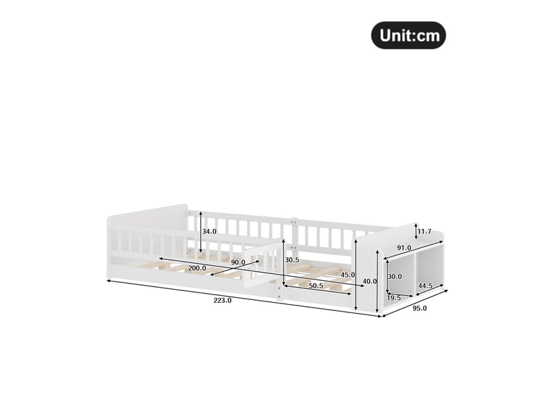  Lit enfant 90 x 200 cm en bois, avec rangements ouverts et barrière blanche  - Conforama C