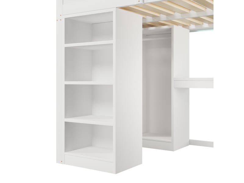  Lit mezzanine 140x200 cm, lit combiné, bureau intégré, armoire intégrée, rangements intégrés, éclairage led, bois massif et mdf blanc CozyNest - Conforama E