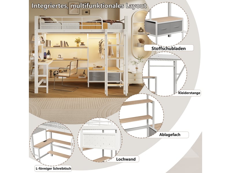  Lit surélevé 90 x 200 cm blanc, panneau perforé, étagères, tiroirs en tissu, bureau, usb, led, sans matelas  - Conforama E
