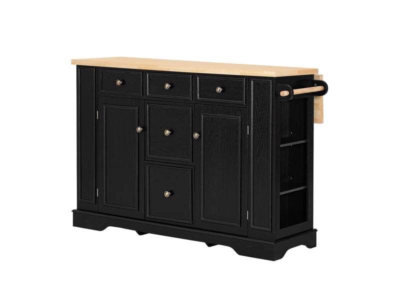  Îlot de cuisine 130,5x40-65x92 cm, plan rabattable, prises, desserte, 5 tiroirs, rangement, meuble cuisine, mdf noir  - Conforama A