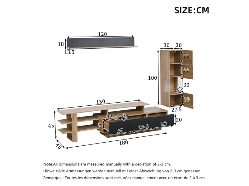  Meuble tv avec 3 tiroirs, vitrine à 3 portes et étagère murale led, pour salon, en mdf, naturel et noir  - Conforama D