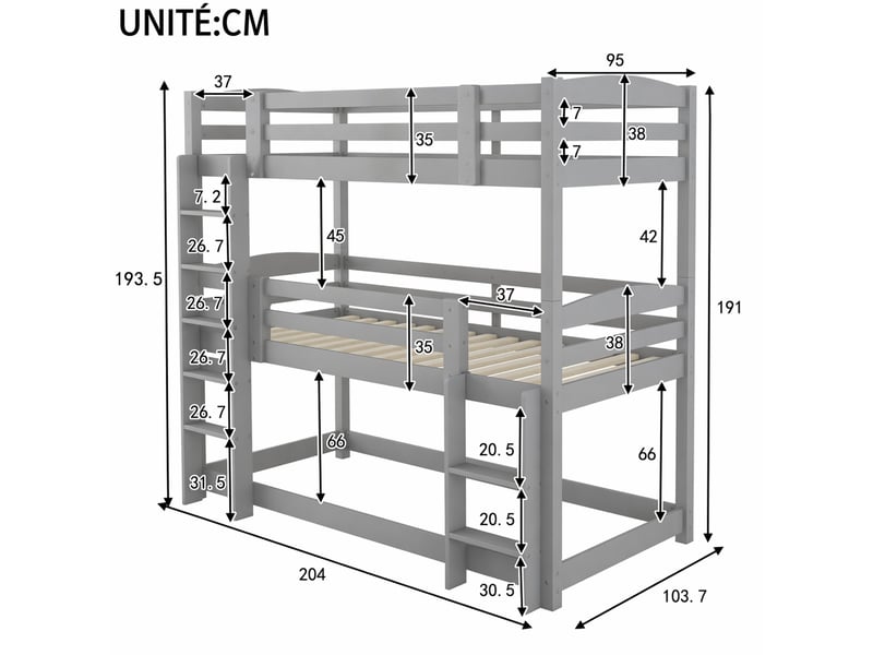  Lit superposé enfant 3 places 90×200 cm, 2 échelles et barrières  - sans matelas, pin gris  - Conforama E