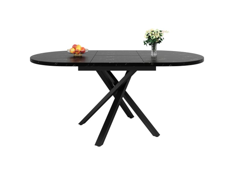  Table ronde extensible effet marbre 100 cm rallonge 140 cm piètement noir en x cuisine petit-déjeuner  - Conforama A