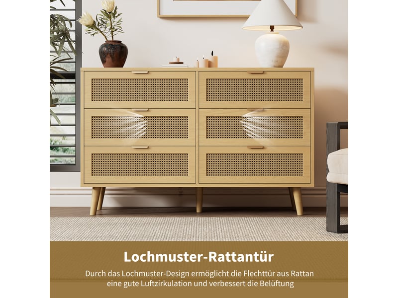  Commode avec 6 tiroirs, poignées en métal et pieds en bois, style rétro pour chambre ou salon, 120×40×76,5 cm, noyer  - Conforama E