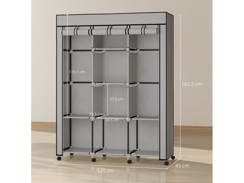 Armoire en tissu avec 8 étagères et 2 tringles, fermeture zippée, pour chambre, gris clair, 125 × 43 × 162,5 cm - Conforama E