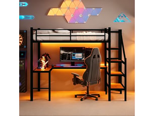 Lit mezzanine métal 90 x 190 cm, avec bureau en l, étagères et escalier de rangement, garde-corps, noir