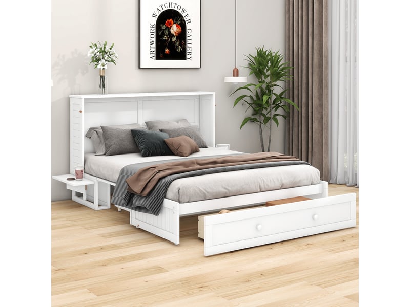  Lit 140x200 cm blanc multifonction – rangements, tiroirs intégrés et étagère transformable  - Conforama E